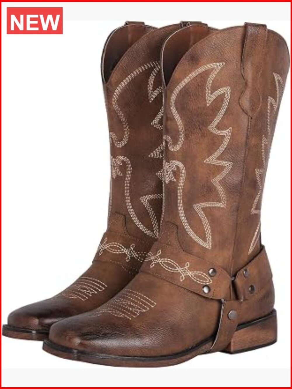 Wide Calf Square Toe Cowboy Boots with Buckle Strap